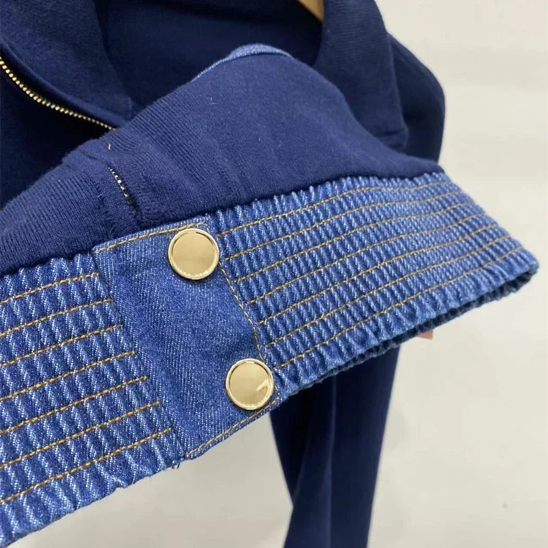 Women Denim Splice Zipper Knit Cardigan Pocket Patch Turn-Down Collar Long Sleeve Female Fashion Short Sweater Coat