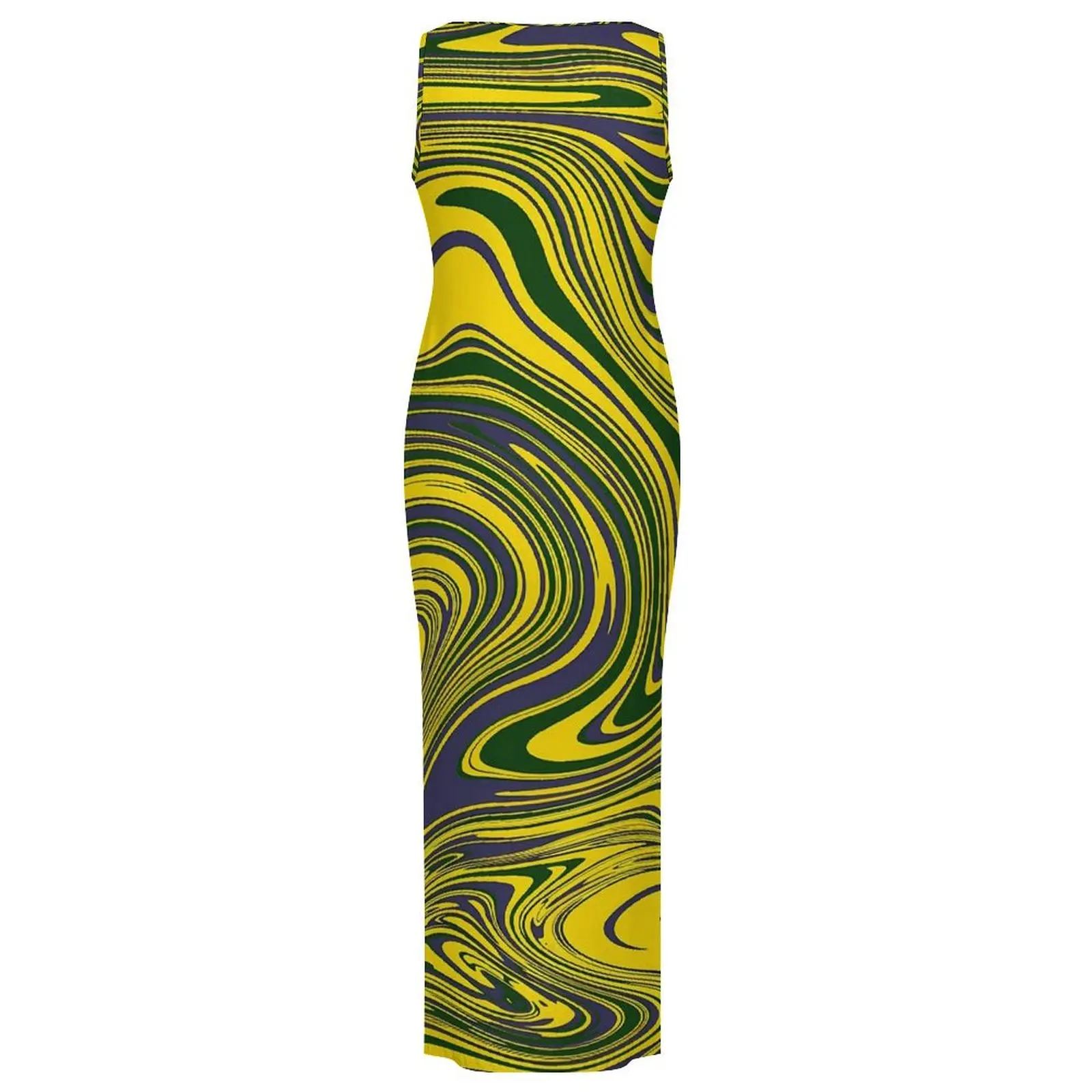 渦巻きプリントドレスノースリーブ黄緑紫ヴィンテージマキシドレス夏のストリートスタイルグラフィックボディコンドレスビッグサイズ4XL