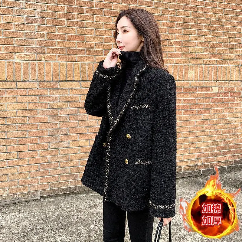 

Women Plaid Tweed Jacket 2023 Fall Winter Thick Double Breasted Suit Coat Office Lady Korean Fashion Warm Blazer Outwear Casual