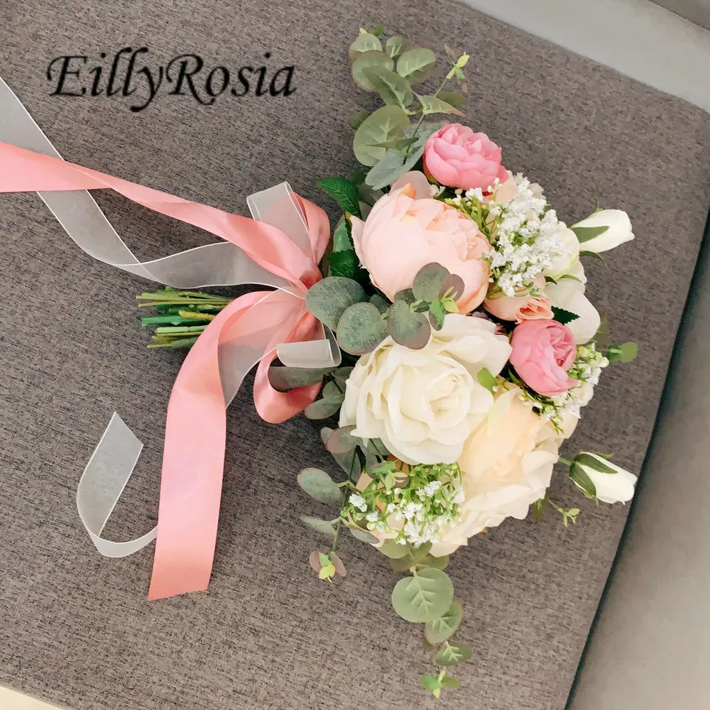 EillyRosia New Pink Cream Wedding Bouquet para dama de honra Flor Greennery Natural Bonito País Fotografia Casamento Outdoor