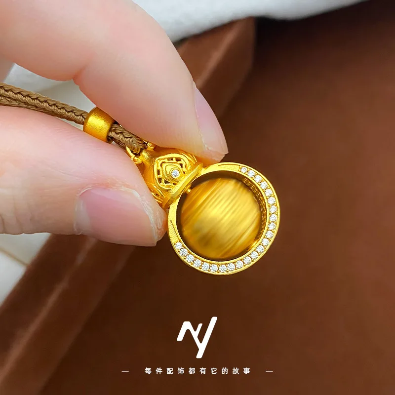 Women's 9999 24K Real Gold Diamond-set Rotating Fu Zi Xiangyun Gourd Pendant Braided Necklace New Style Fu Zi Gourd Pendant