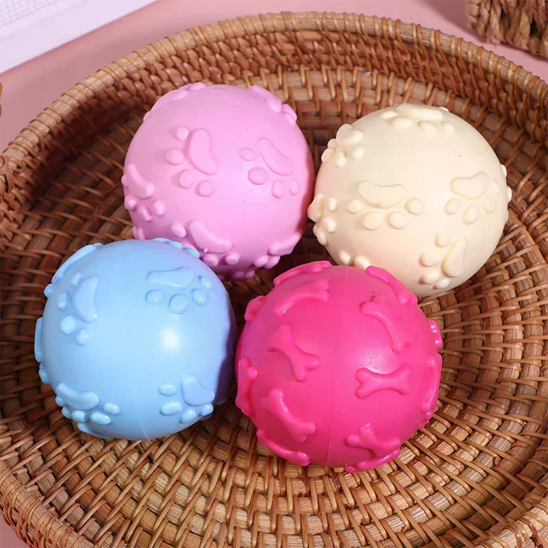 Pet Plaything Interactive Dog Toys Squeaky Rubber Dog Toy Ball Cartoon Paw Print Design Small Breeds Durable Chew Dental Health