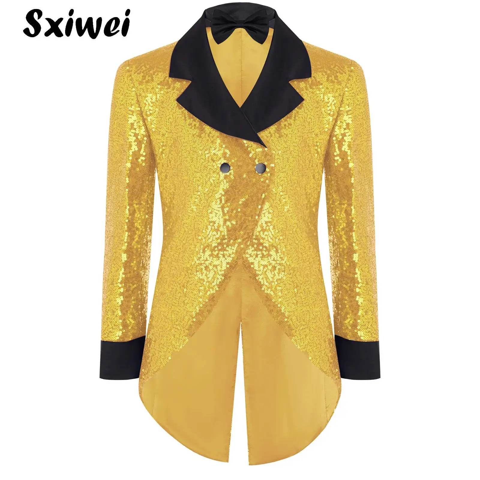 Boys Long Sleeve Sequins Tuxedo Tailcoat Blazer with Bowtie Kids Gentleman Suit Jacket Wedding Party Magic Circus Performances