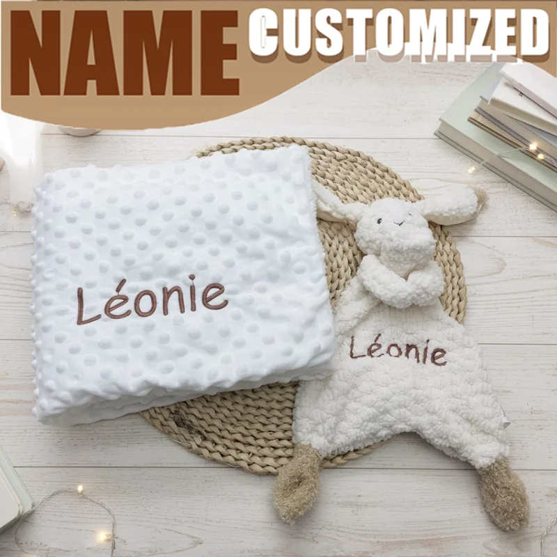 

Персонализированное одеяло для новорожденных с именем, мягкая игрушка-зайчик для коляски, подарок на выписку или рождение ребенка
