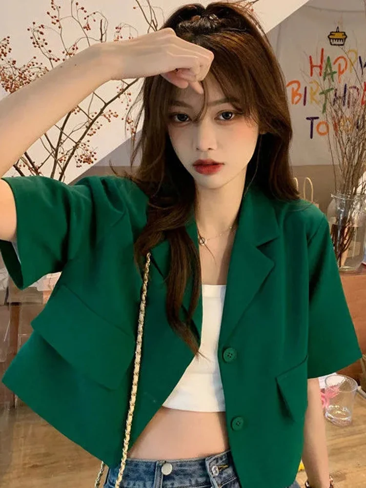 

Jmprs Korean Women Thin Blazer Summer Short Sleeve Single Breasted Coats Fashion Turn Down Collar Female Short Jacket