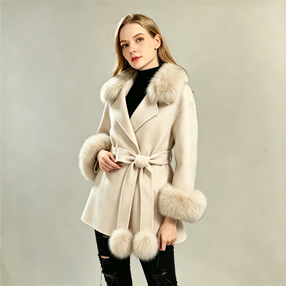 Jaxmonoy Women's Winter Coats 2026 New Design Cashmere Wool Coat with 100% Real Fox Fur Cute Fur Pompom Belt Slim Outerwear Fall