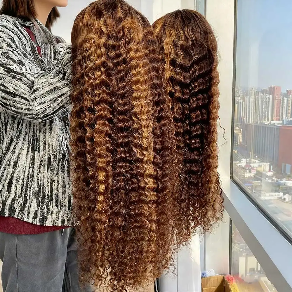 13x4 Colored Highlighted Curly Human Hair Wig for Women Glueless HD Deep Wave 4/27 PrePlucked Lace Front Wig