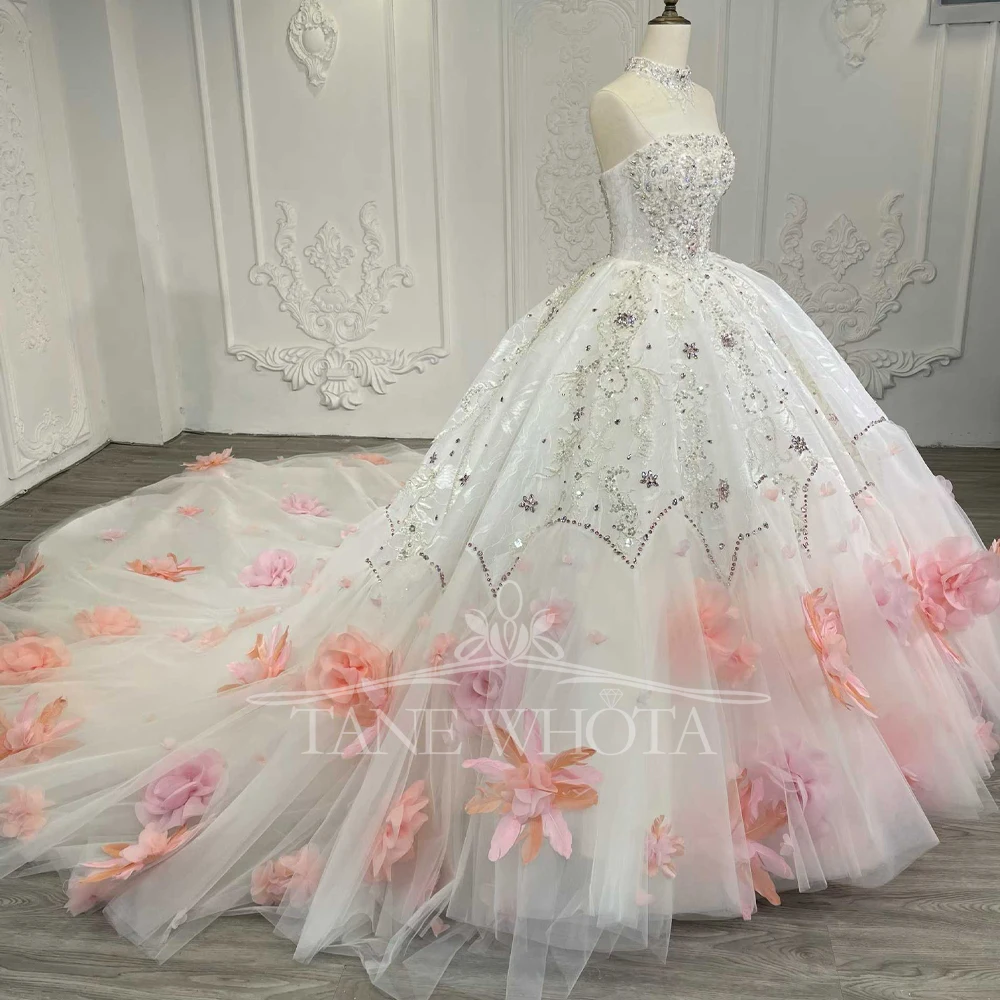 Gaun Pengantin Tanpa Tali Tanpa Lengan yang Dapat Disesuaikan dengan Punggung Berikat Tali, Payet Kristal, dan Hiasan Bunga 3D untuk Pengantin