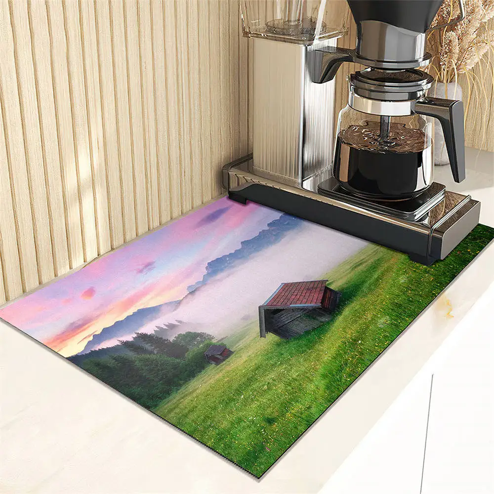 Country Landscape Coffee Machine Drain Mat Cottage Kitchen Countertop Absorbent Mat Dry Non-slip Bar Table Washable Drain Pad