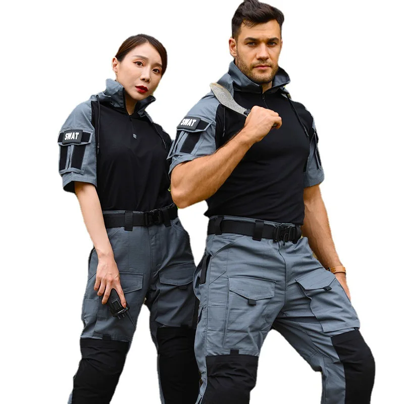 Heren Camouflage Kikkerpak Tactische Outfit T-shirt met korte mouwen en capuchon Outdoor Training Waterdichte werkkleding Ademende uniformen