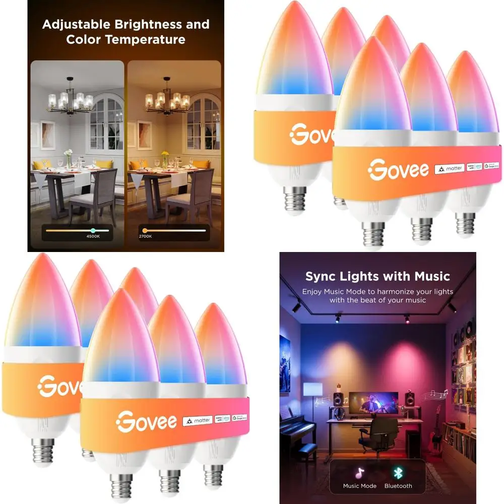 

WiFi Smart RGBWW LED Bulb, Works with Alexa & Google Assistant, 40W Candelabra, 450 Lumens, 6-Pack