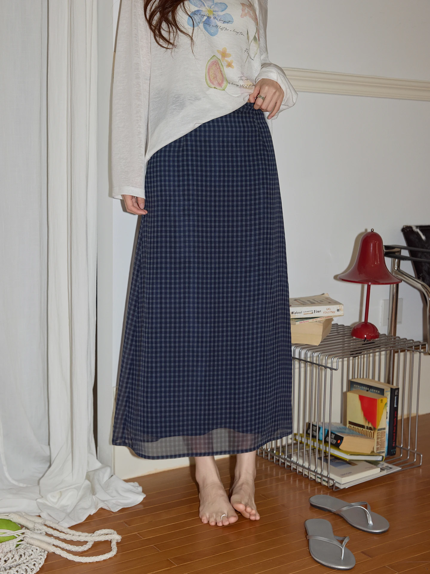 

Blue Plaid High Waist A-Line Midi Skirt Women's Summer Slimming Korean Style Commute Polyester Fiber Side Zipper Skirt