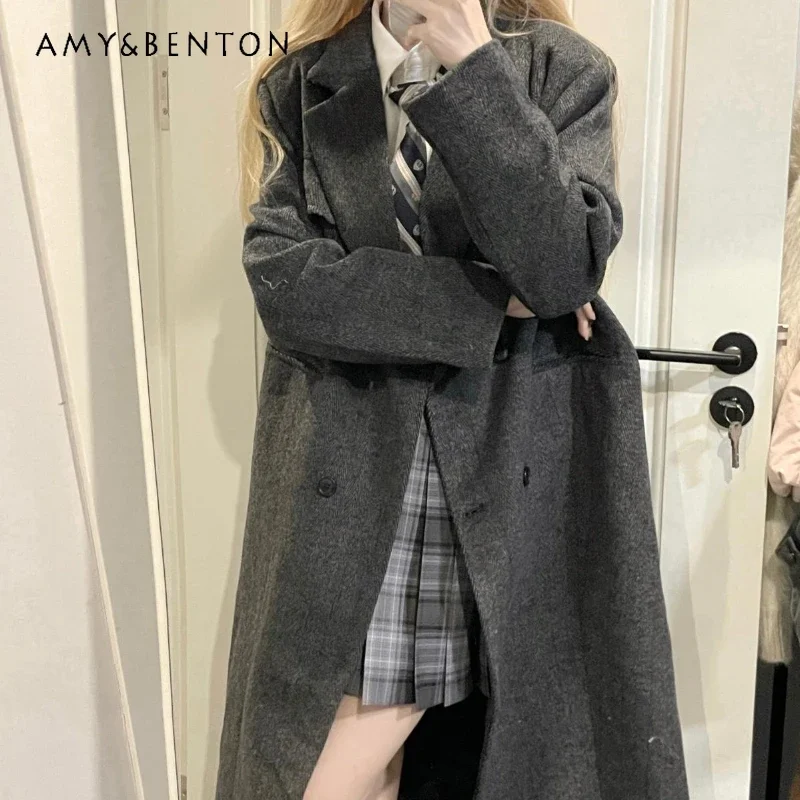 

2024 Japanese Woolen College Style Suit Collar Autumn and Winter Double-Breasted Twill Padded Cotton Dark Fashion Coat For Girls