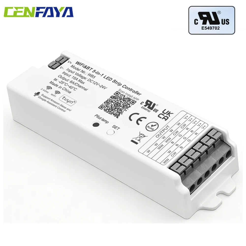 2.4GHz WiFi LED Controller UL Certified for Dim/CCT/RGB/RGBW/RGBCCT LED 5-in-1 PWM LED Dimmer DC12V 24V For Alexa Tuya Smart APP