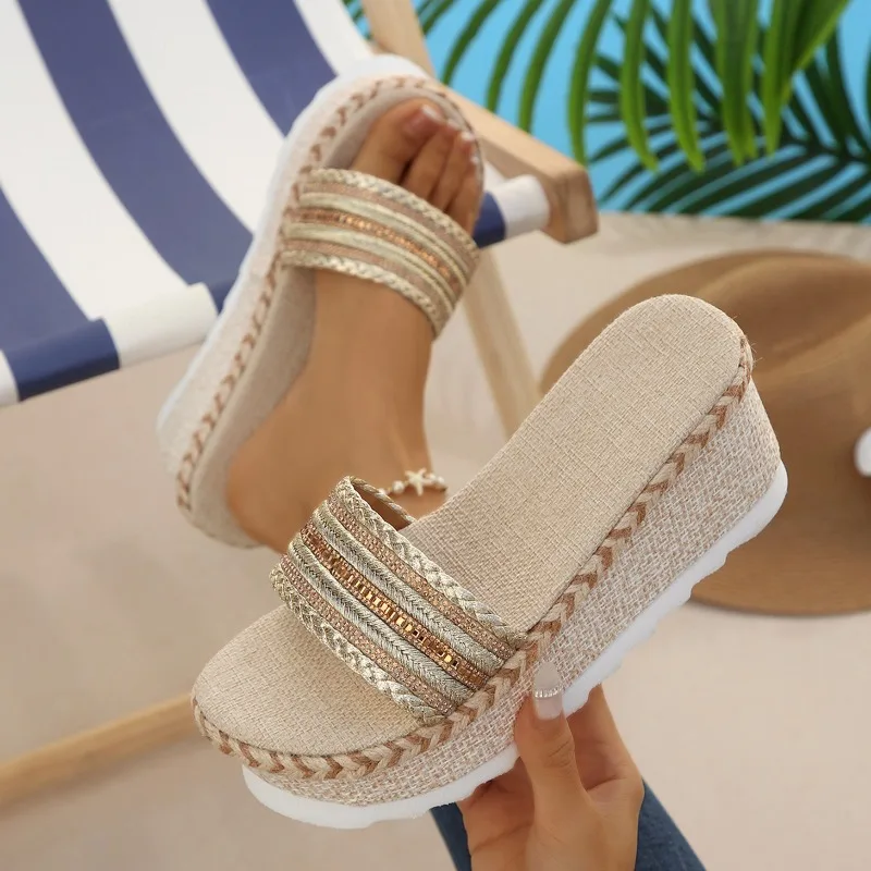

Weave Women Wedge Slippers 2026 Summer New Fashion Thick Soled Sandals Bohemian Style Handmade Comfortable High Heel Shoes