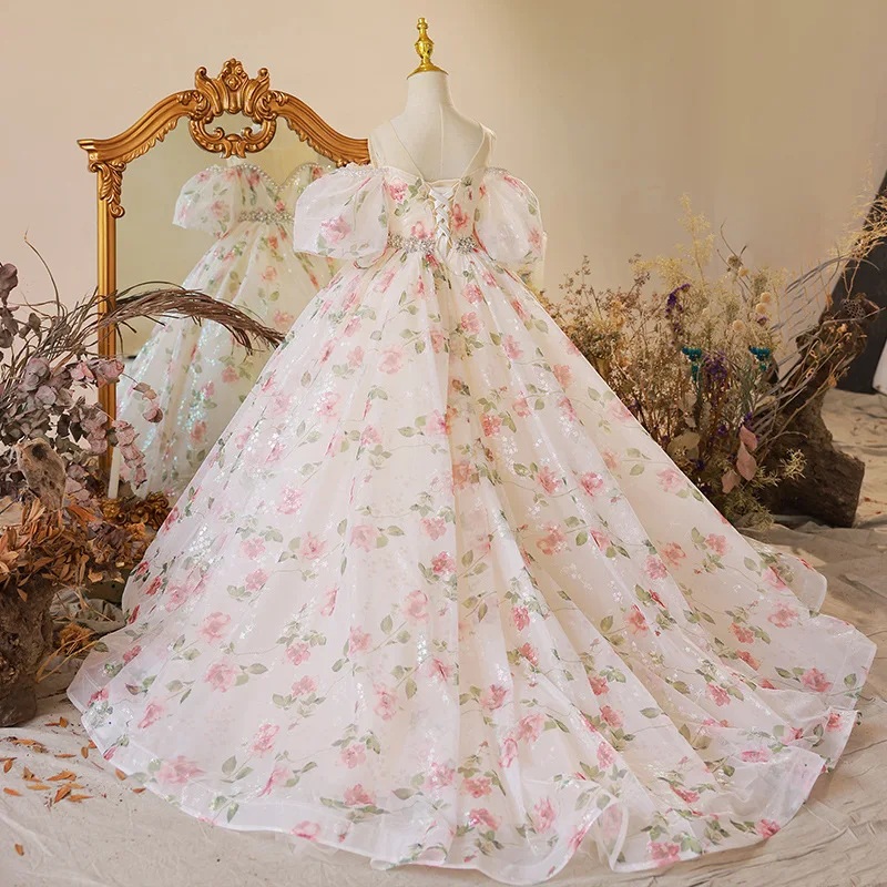 

Girls Pink Princess Dress Little Girls Children Flower Print Party Ball Gown Teen Girls Cocktail Evening Elegant 10 12 years