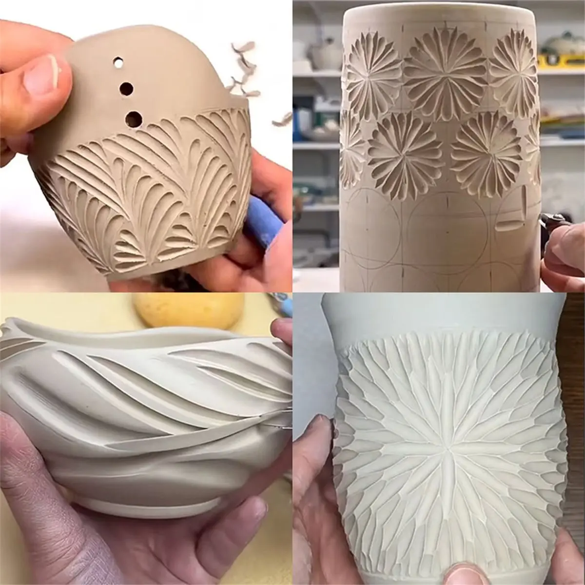 Pottery Texture Carving Tools Multi-Angle Rotating Solid Wood Decorative Carving Texture Tool DIY Ceramics Shape Tools A