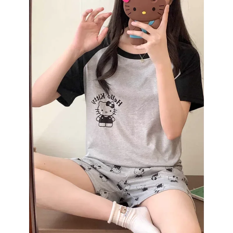 Sanrio Hello Kitty pijamas de seda de verano para mujer de algodón Casual de dibujos animados de tres piezas pijamas de mujer ropa de casa pijamas