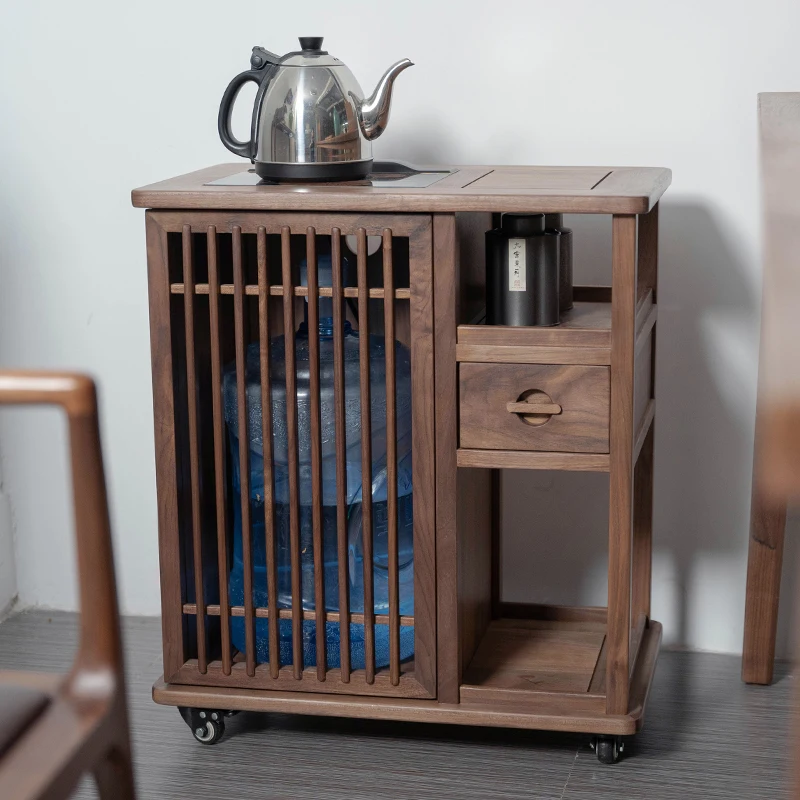 

New Chinese mobile tea cart, tea sideboard, black walnut wood coffee table, kettle, large bucket of water, integrated tea table