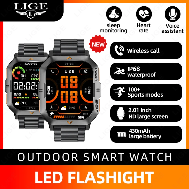 

LIGE Outdoor Smart Watch Men LED Flashlight 2.01inch Large Screen Heart Rate Blood Oxygen Sports Fitness Health Smartwatch 2025