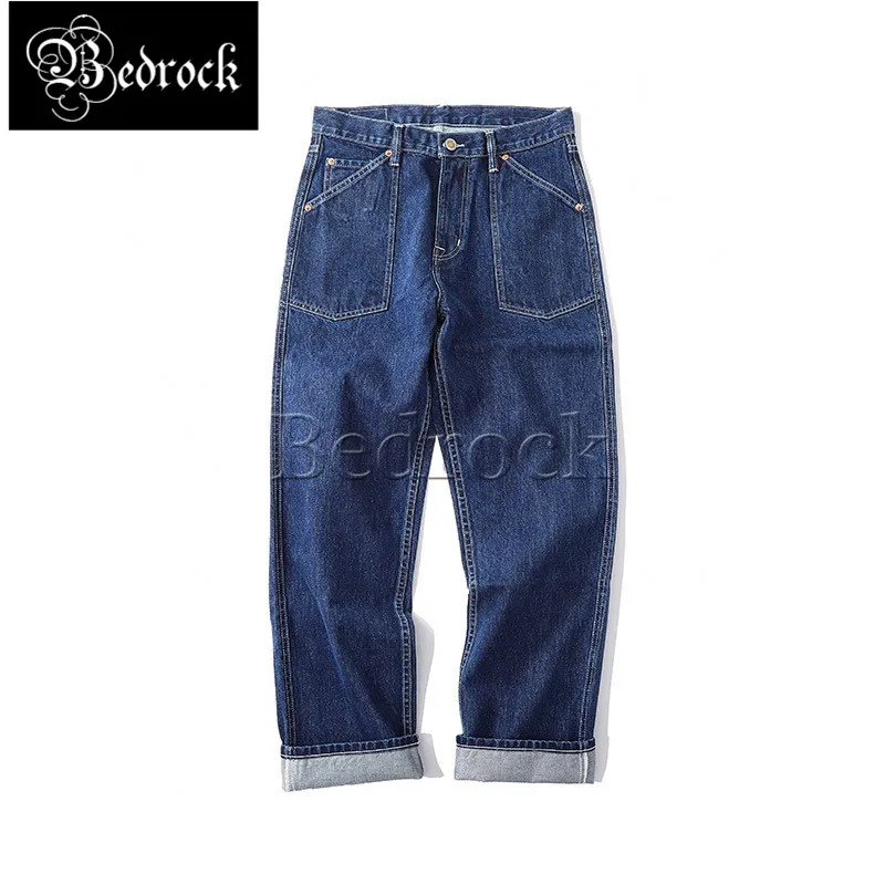 MBBCAR 14oz heavy industry one washed red line denim jeans blue Amekaji retro loose straight pants selvdge denim work jeans 7360