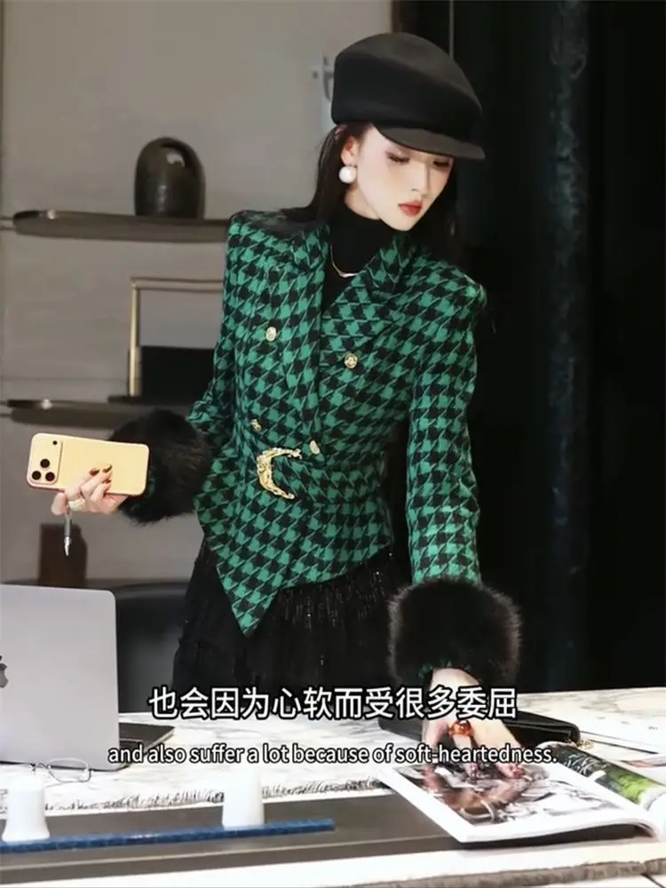 New Autumn Winter Retro Plaid Coat Women High End Luxury Lapel Long Sleeve Slim Office Lady Jacket Elegant Outwear