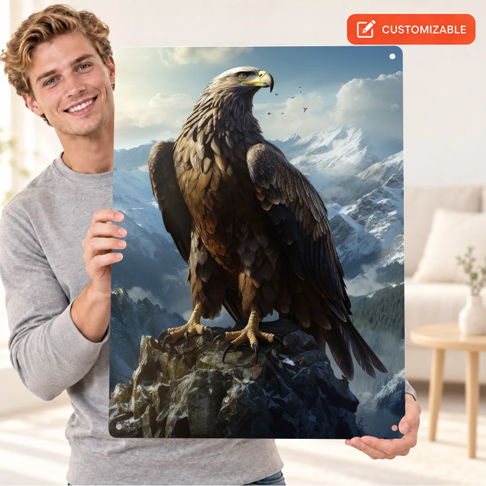 Golden Eagle On Mountain Peak Textured Metal Poster Animal Portrait Studio Wall Art Customized Aluminum Sign Housewarming Gift