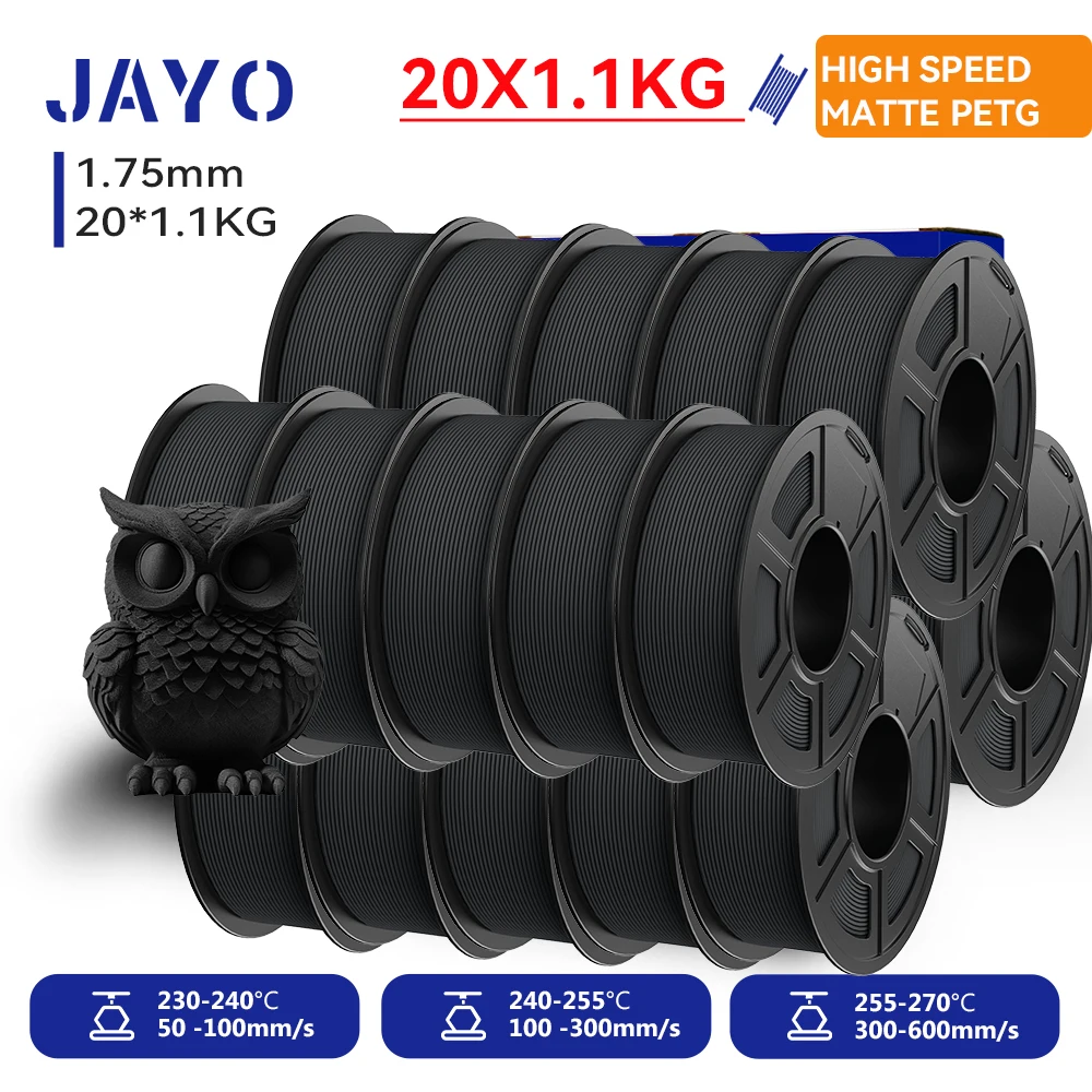 JAYO 20 Rollen 3D PETG / Hochgeschwindigkeits-Mattes PETG 3D-Filament 1,75mm 30mm/s - 600mm/s Druckbereich PETG 3D-Drucker-Filament für 3D