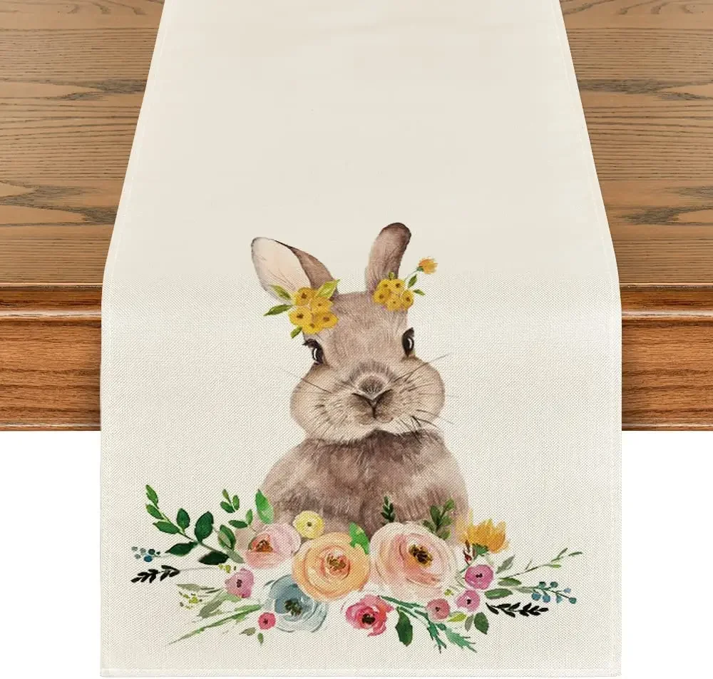 

Easter Bunny Flowers Linen Table Runner Holiday Wedding Decoration Washable Dining for Home Party Decor