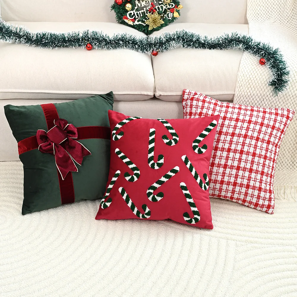 

2025 Christmas Cushion Cover 45*45 Bow Patchwork Pillow Covers Decorative Velvet Cotton Festive Home Decor Pillowcases for Sofa