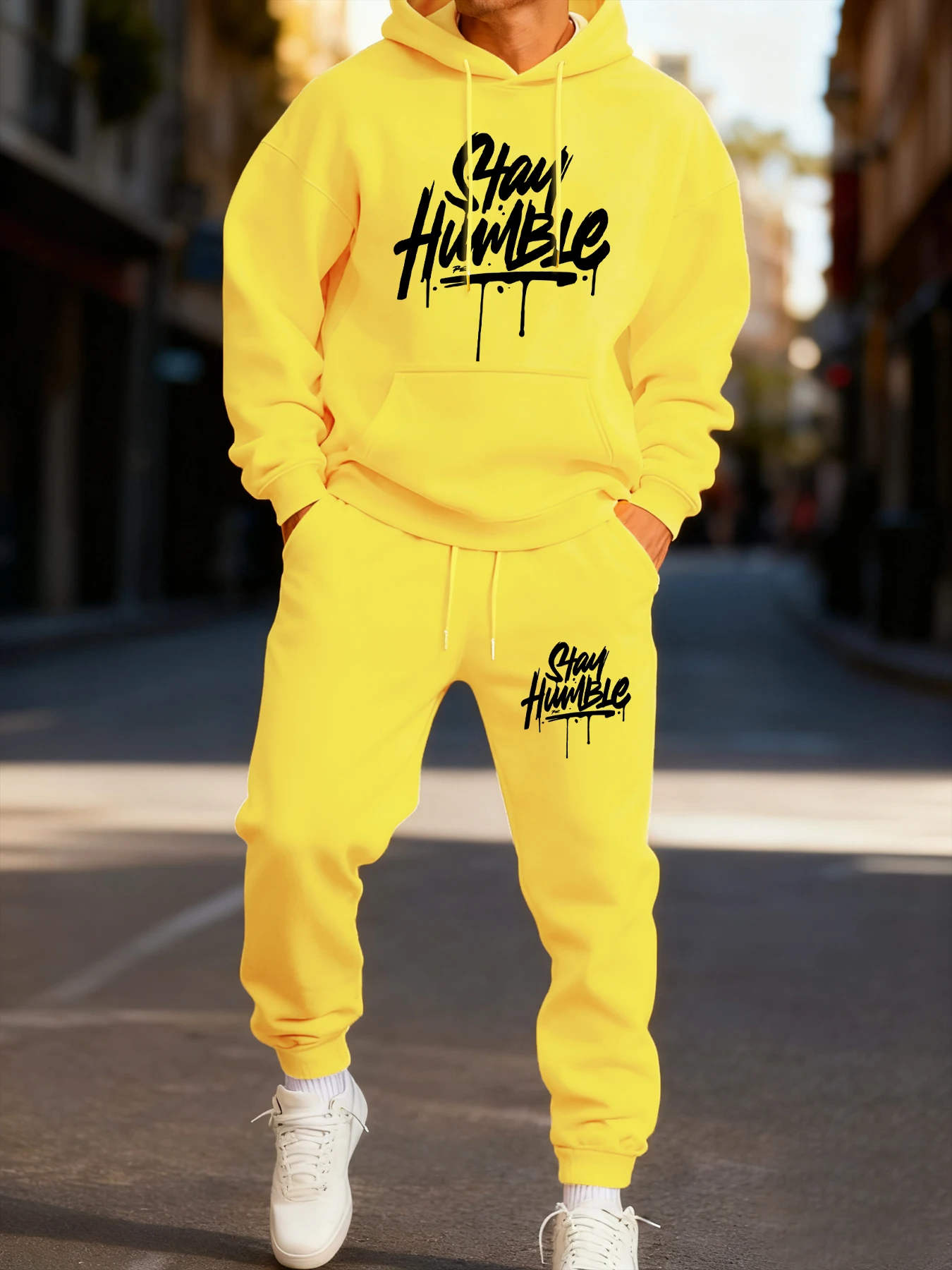 

Stay Humble Eye-Catching Printing Man'S Hoodie Set Pocket Fleece Two Pices Sets Autumn Casual Clothes Winter Sporty Hoody