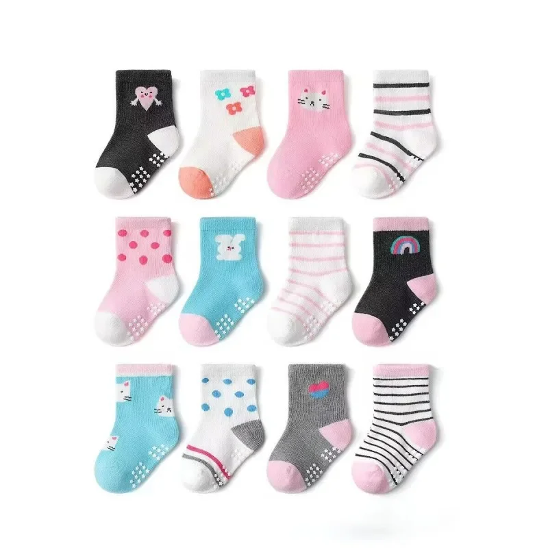 12 Pairs/Lot Cotton Baby Rubber Slip-Resistant Floor Socks  Kid\'s Socks 1--7Years