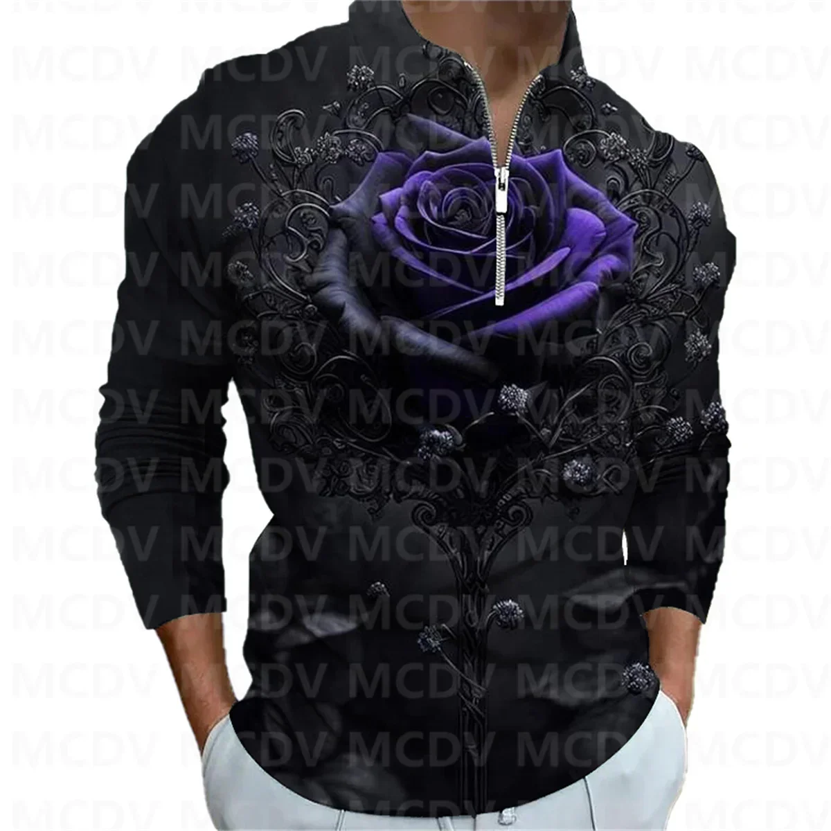 

Men's Long Sleeve Zipper Polo Shirt Flower 3D Printed Polo Long Sleeve T Shirt Casual Tops