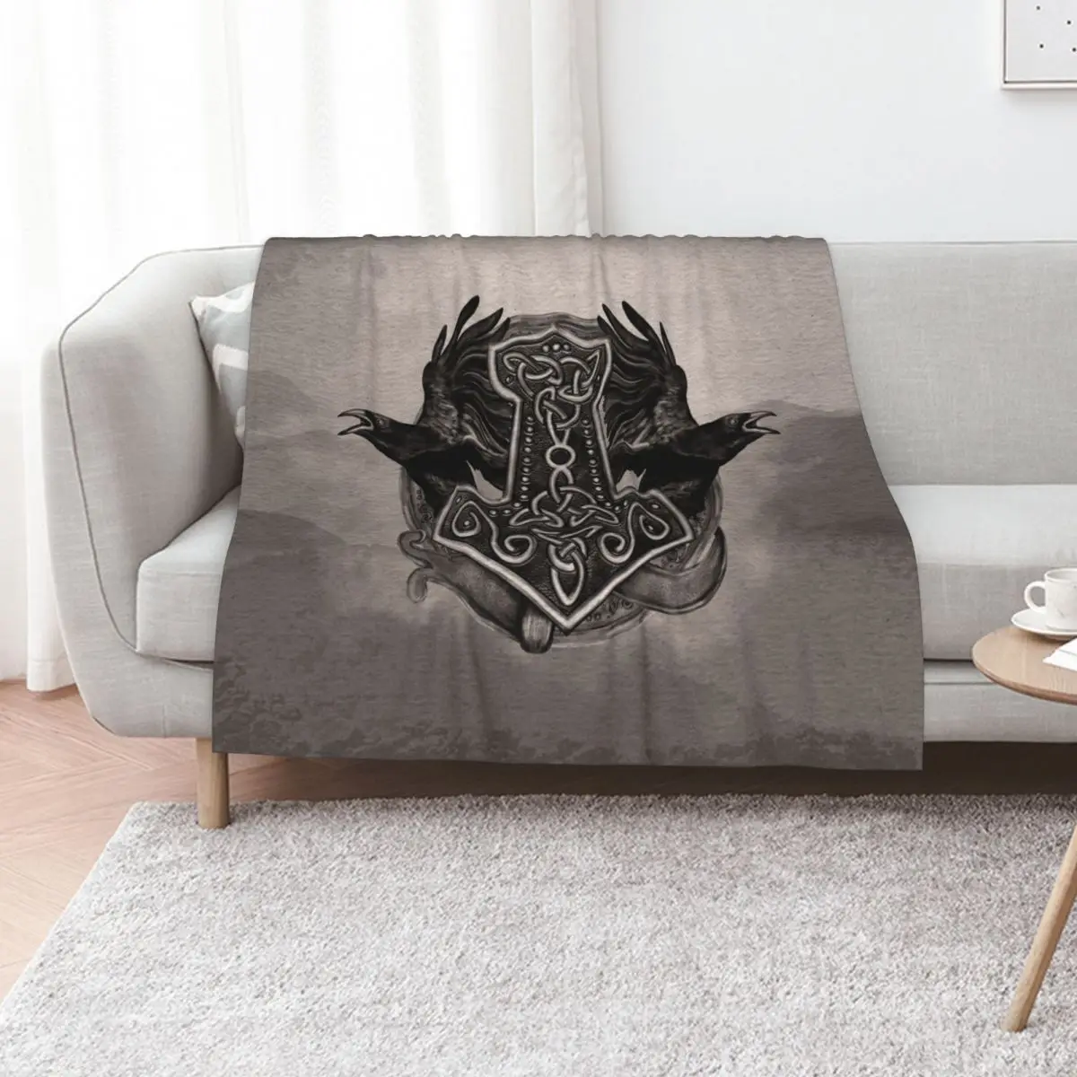 

Mjolnir The hammer of Thor and ravens Throw Blanket for sofa For Decorative Sofa Furry Thins Blankets