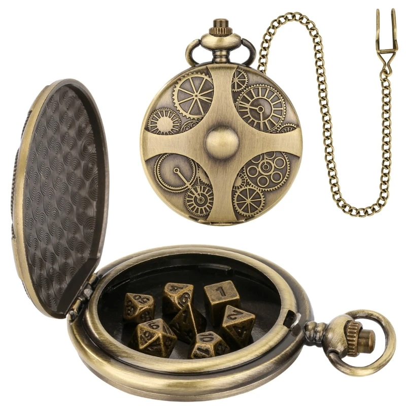 Compact Polyhedral Set with Case Antique 7Pcs/set Metal Polyhedral Dices Role Play Entertainment Dices with Chain