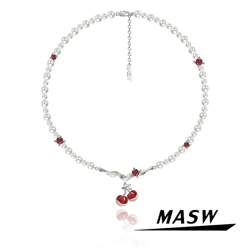 

MASW Original Design Lovely Sweet Temperament Simulated Pearl Red Cherry Pendant Necklace For Women Girl Gift Modern Jewelry