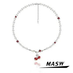MASW Original Design Lovely Sweet Temperament Simulated Pearl Red Cherry Pendant Necklace For Women Girl Gift Modern Jewelry