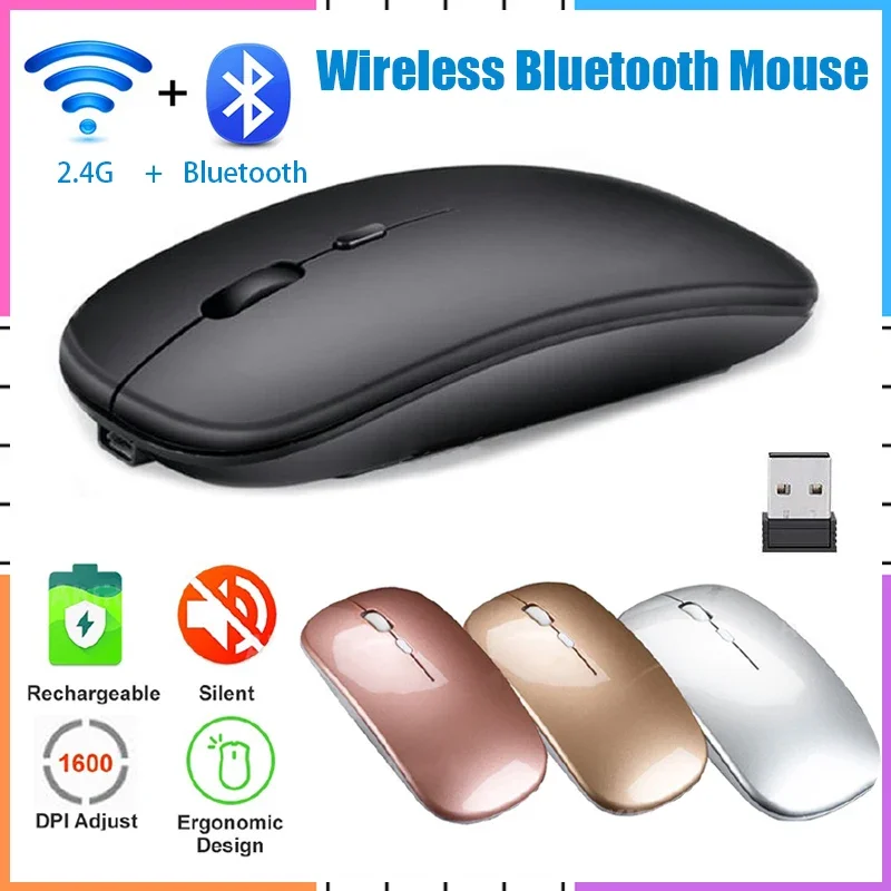

Rechargeable Bluetooth Wireless Mouse 2.4Ghz Receiver Dual Mode 3 DPI Silent Gaming Mouse for PC Laptop Office