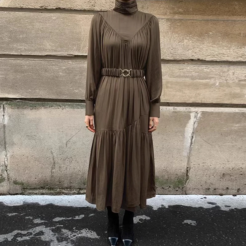 Chique outono vintage gola alta emenda design psado emaecimento manga longa camada base vestido f cintura alta es...