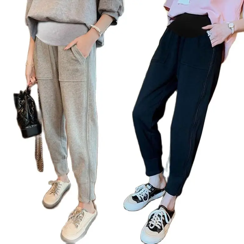 Pantalones informales de vientre para mujer embarazada, calzas acolchadas sueltas a la moda, deportivas, color negro y gris, venta al por mayor, primavera y otoño, 2024