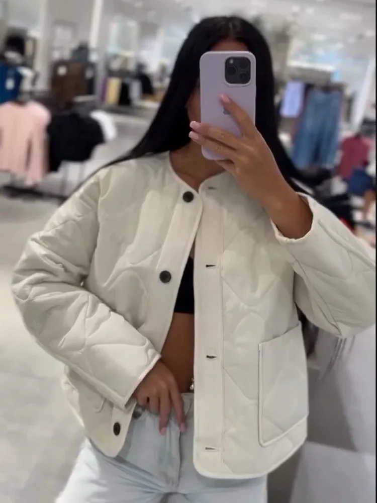 

Осень-зима 2021, однобортная хлопковая куртка в европейском и американском стиле с круглым вырезом и ромбовидной сеткой для женщин