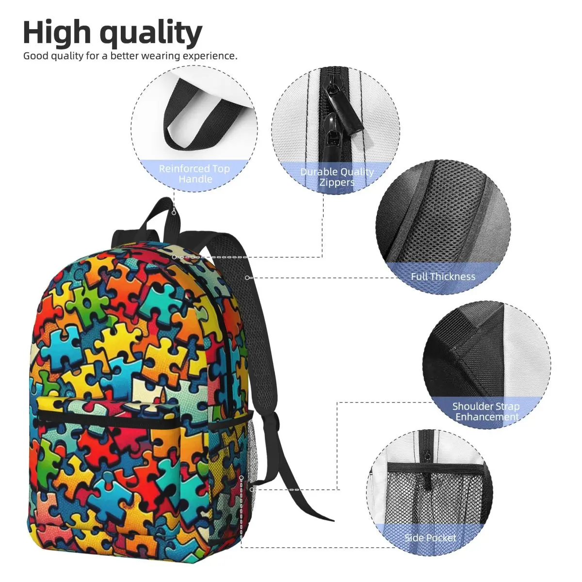 Autism Awareness Colorful Puzzle Piece Print Backpack Daypack Large Capacity BookBag School Bag Shoulder Bags for Men Women