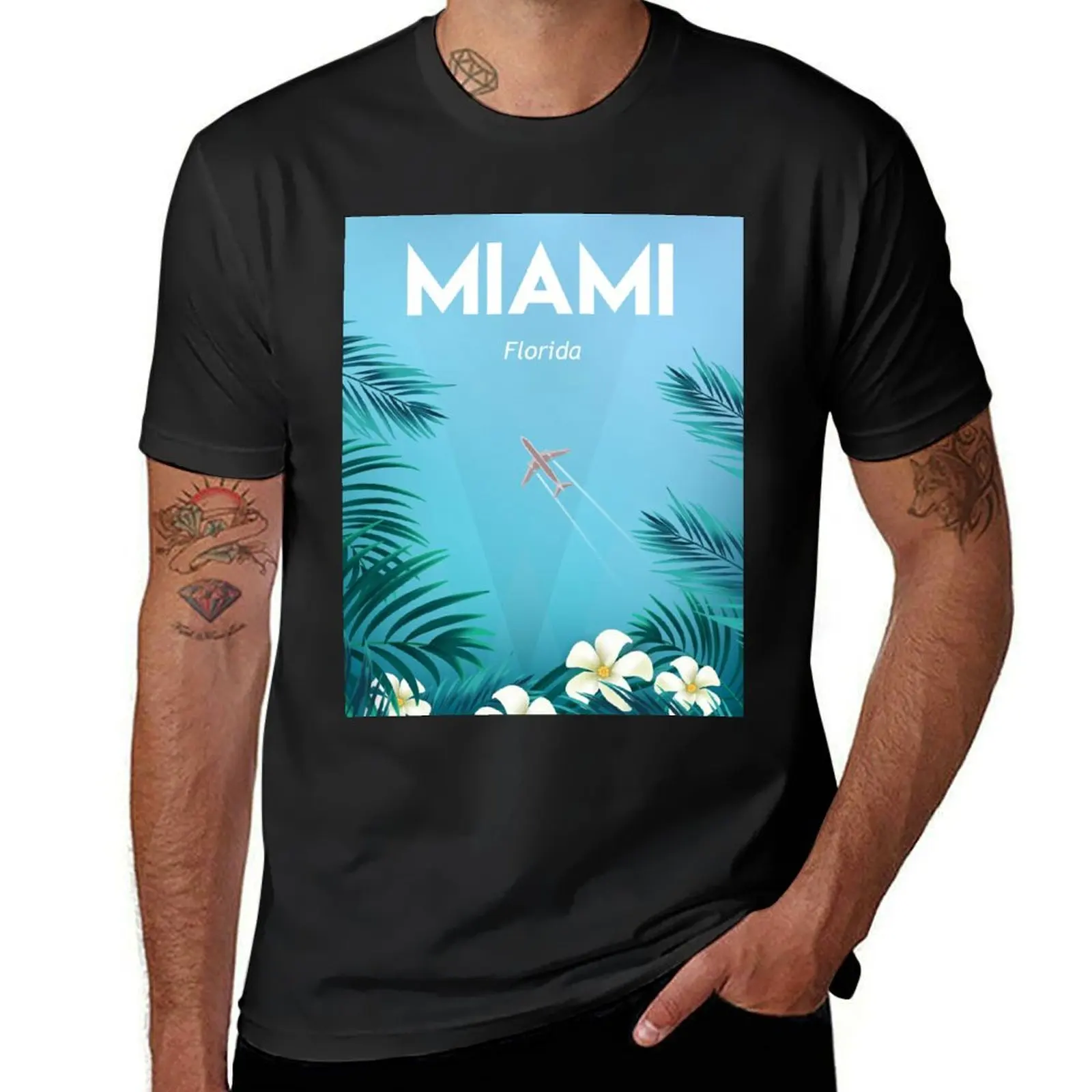 

Miami travel poster illustration wall art T-Shirt tops vintage clothes summer top fitted t shirts for men