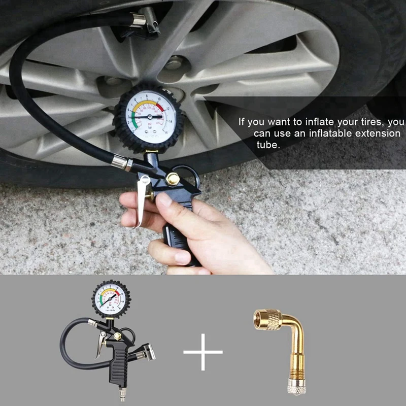 2X Tire Pressure Gauge 220 PSI Tire Inflator With 90 Degree Valve Extender Air Compressor For Car Motorcycle Bike Truck