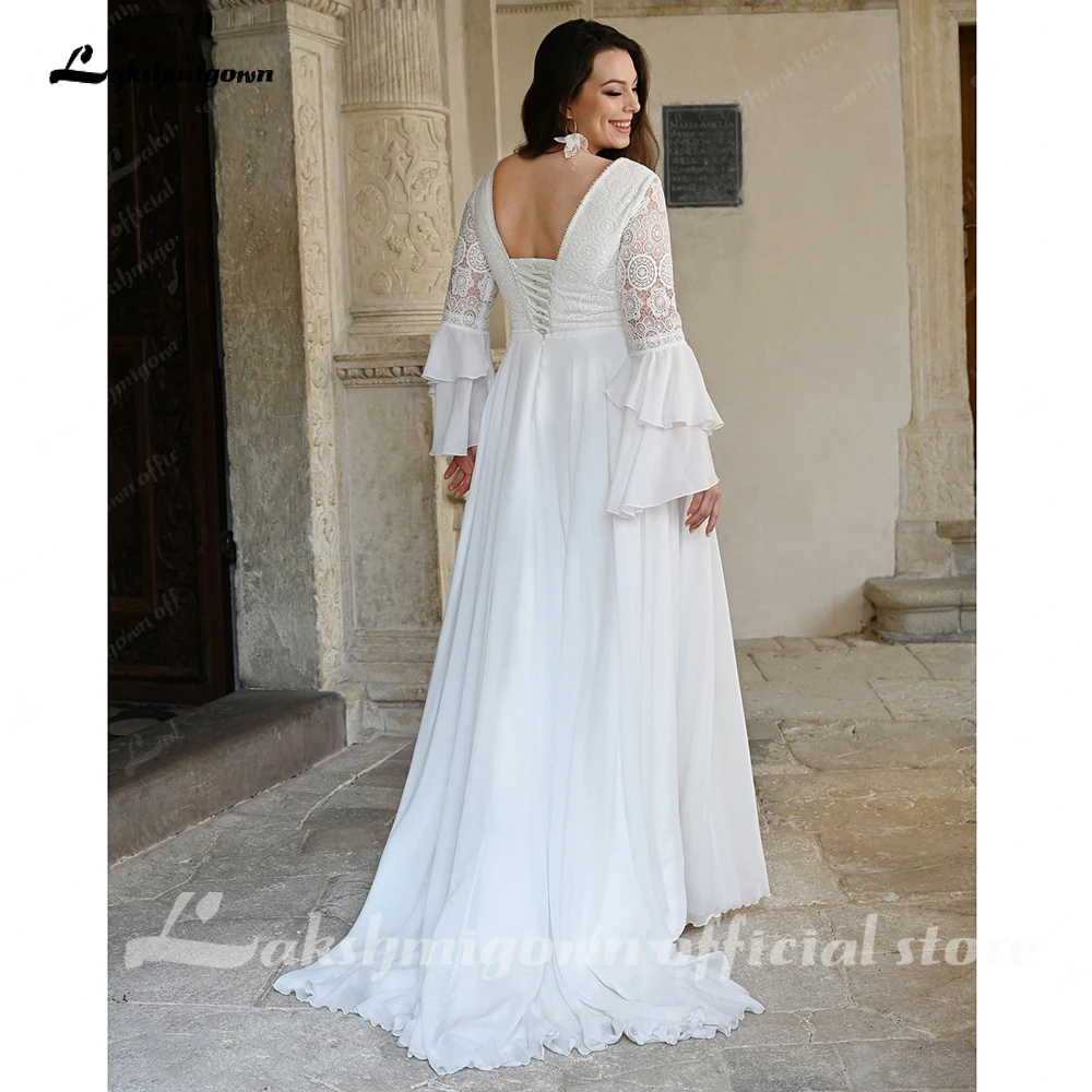 Lakshmigown Plus Size Chiffon-Brautkleid mit ausgestellten Ärmeln 2027 Neu, Schnürung am Rücken, V-Ausschnitt, Spitze, A-Linie, Brautkleider, maßgeschneidert – Detail 6