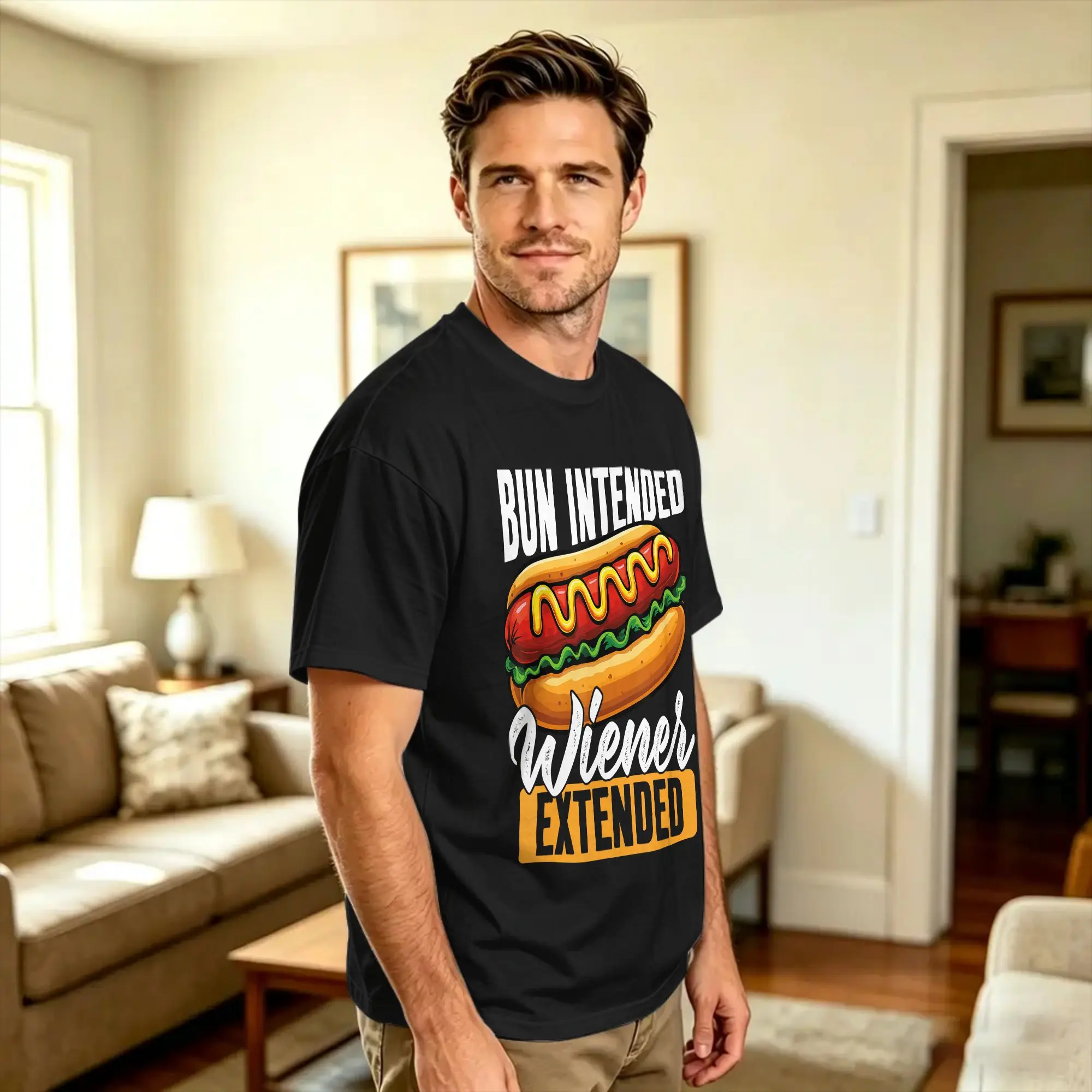 Men Bun Intended Wiener Extended Funny Hot Dog Pun T Shirts  100 Cotton Tops Beach Aesthetic Short Sleeve T-Shirt O Neck