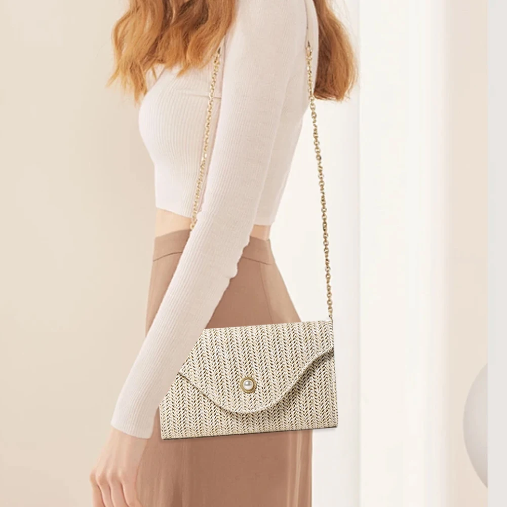 

Women Straw Woven Bag Straw Clutch Purse Chain Strap Stylish Crossbody Bag Pearl Decor Weaving Satchel Bag Outdoor Travel Bag