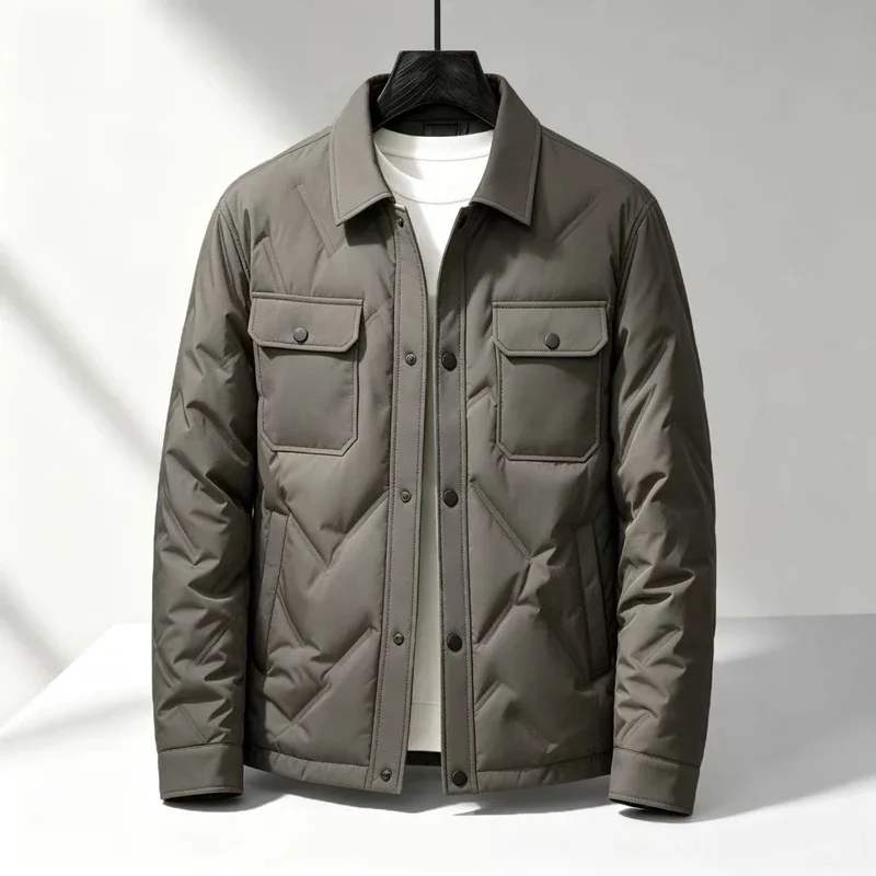 Autumn Winter New Men Short Down Jacket Turn Collar Cargo Style Light Puffer Coat Multi Pocket Business Casual Warm Outerwea