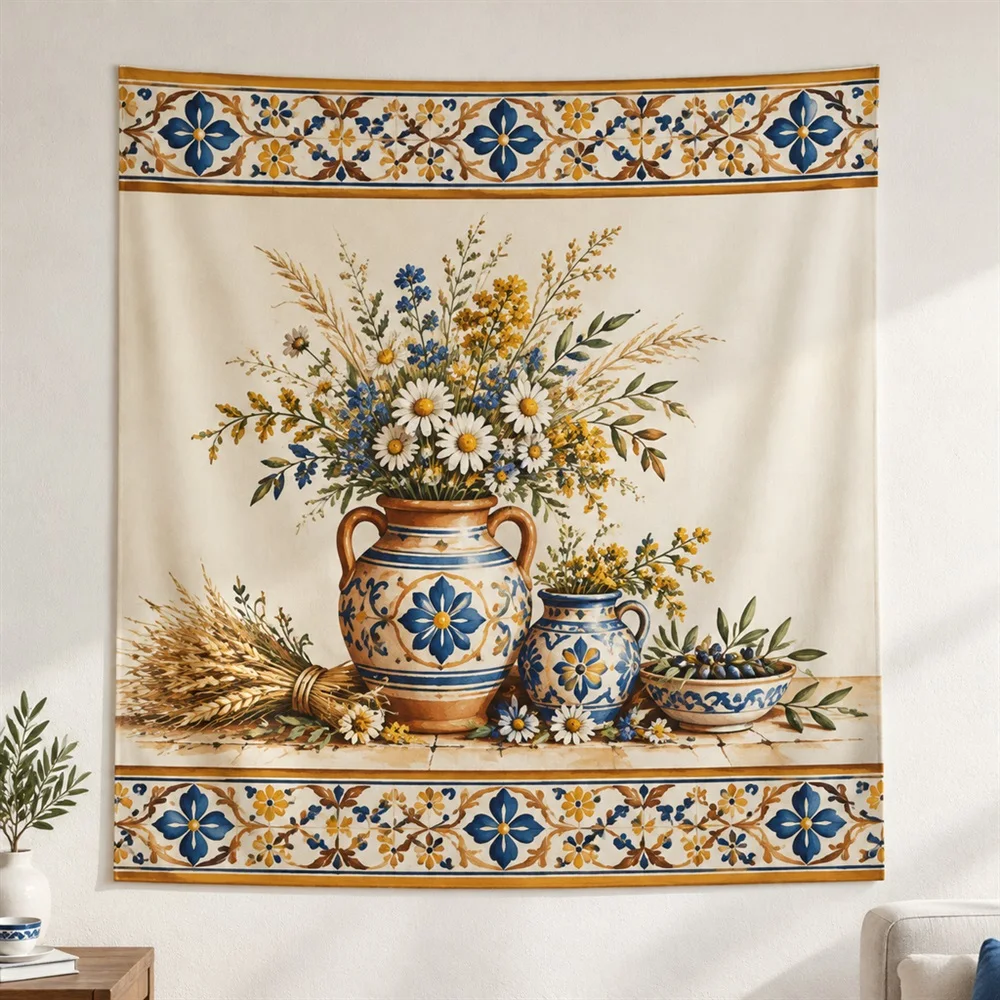 VIKAMA Terracotta Vase Flowers Twin Bands Tapestry Wall Hanging, Mediterranean Wall Decor Tapestries for Living Room Bedroom
