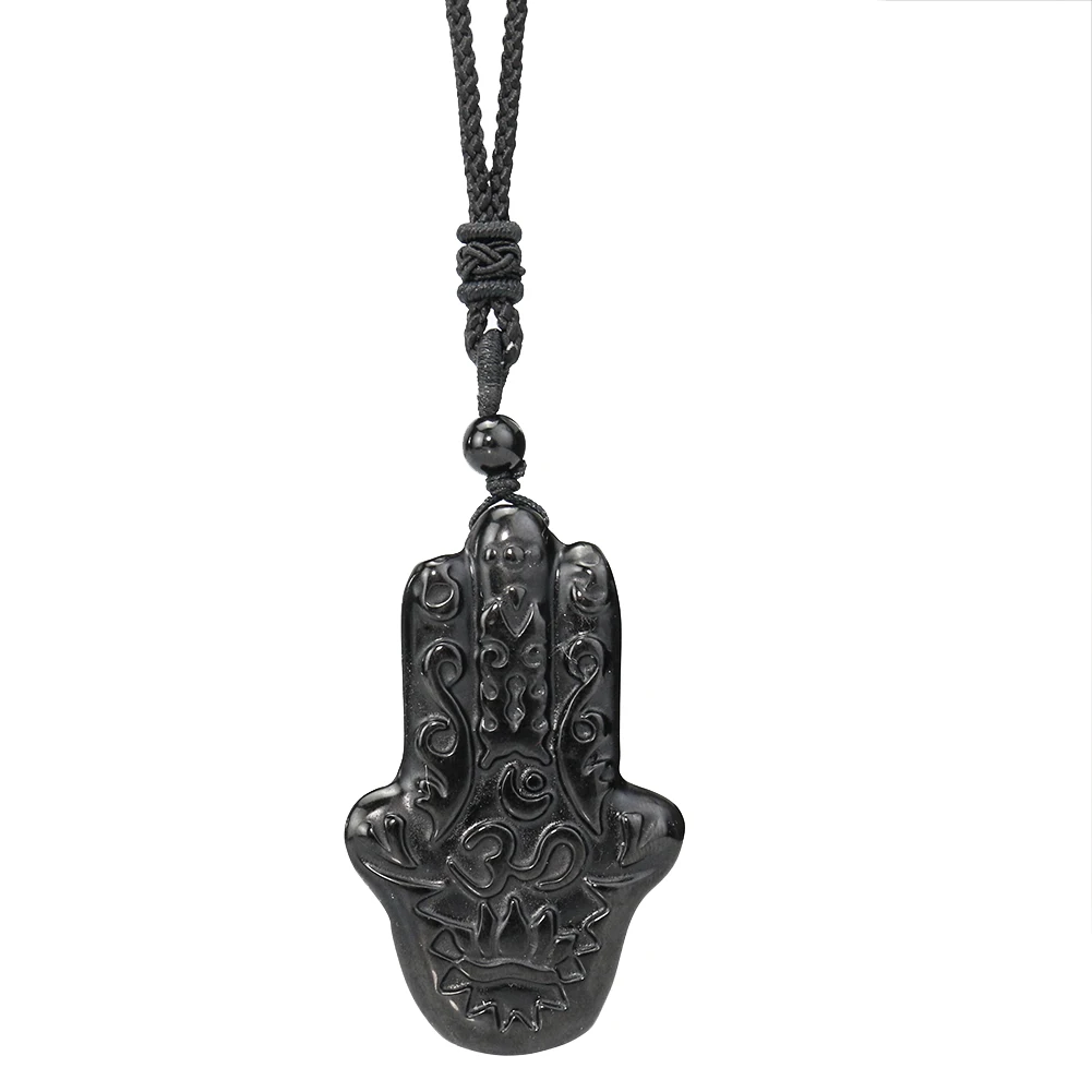 

Muslim Mohammed Hand of Fatima Obsidian Necklace Buddhist Lotus Moon Stars Eye Drusy Quarz Pendant Amulet Mascot Charms Jewelry